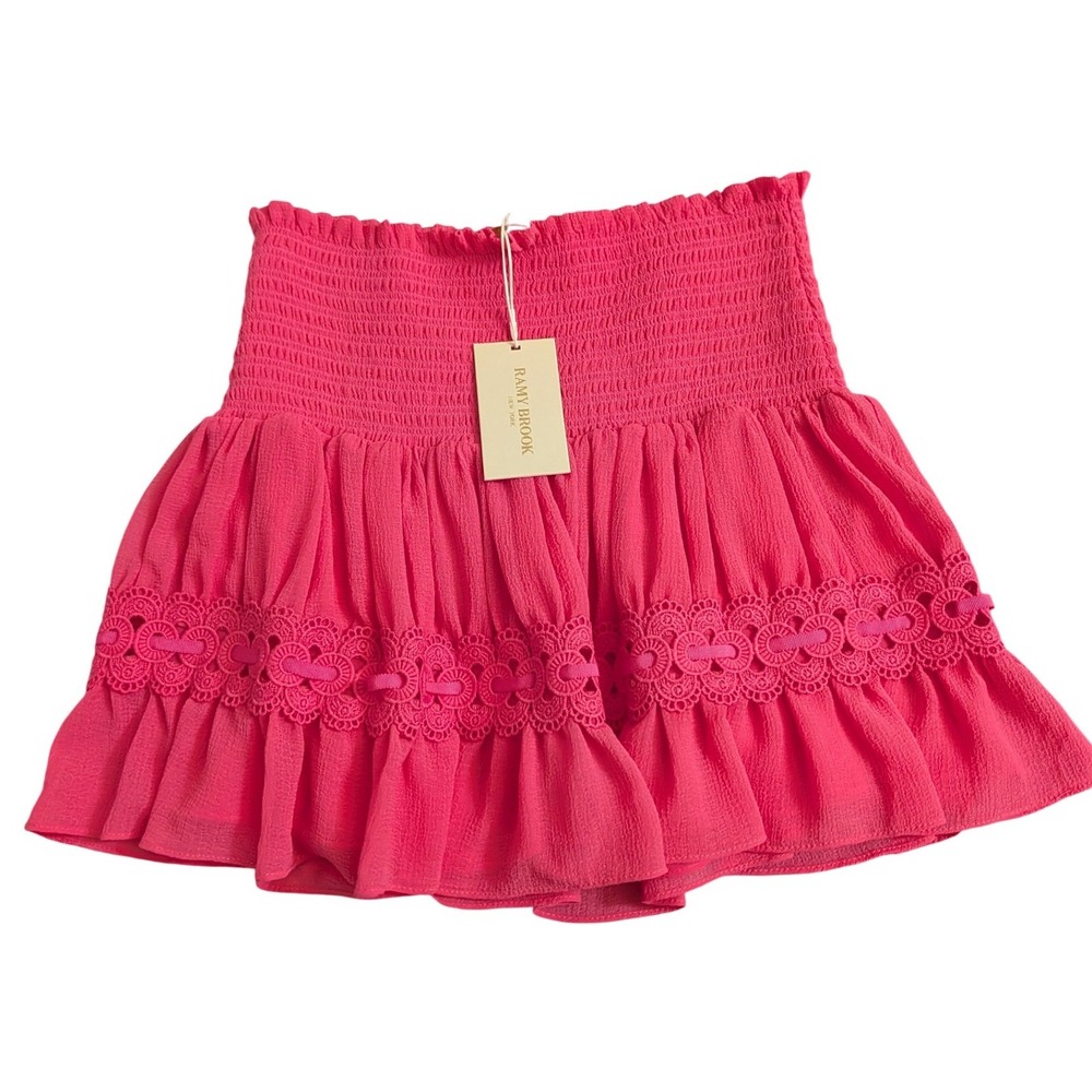 Ramy Brook Rea Skirt Deep Pink Smocked Ruffle Mini Crochet Lace Size S NEW